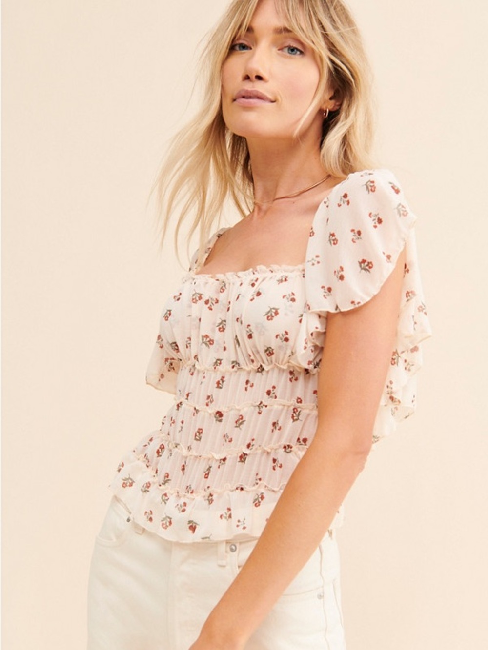 FREE PEOPLE INTIMATELY Juliet Printed Bodysuit White Red Floral Smocked Top Sz M